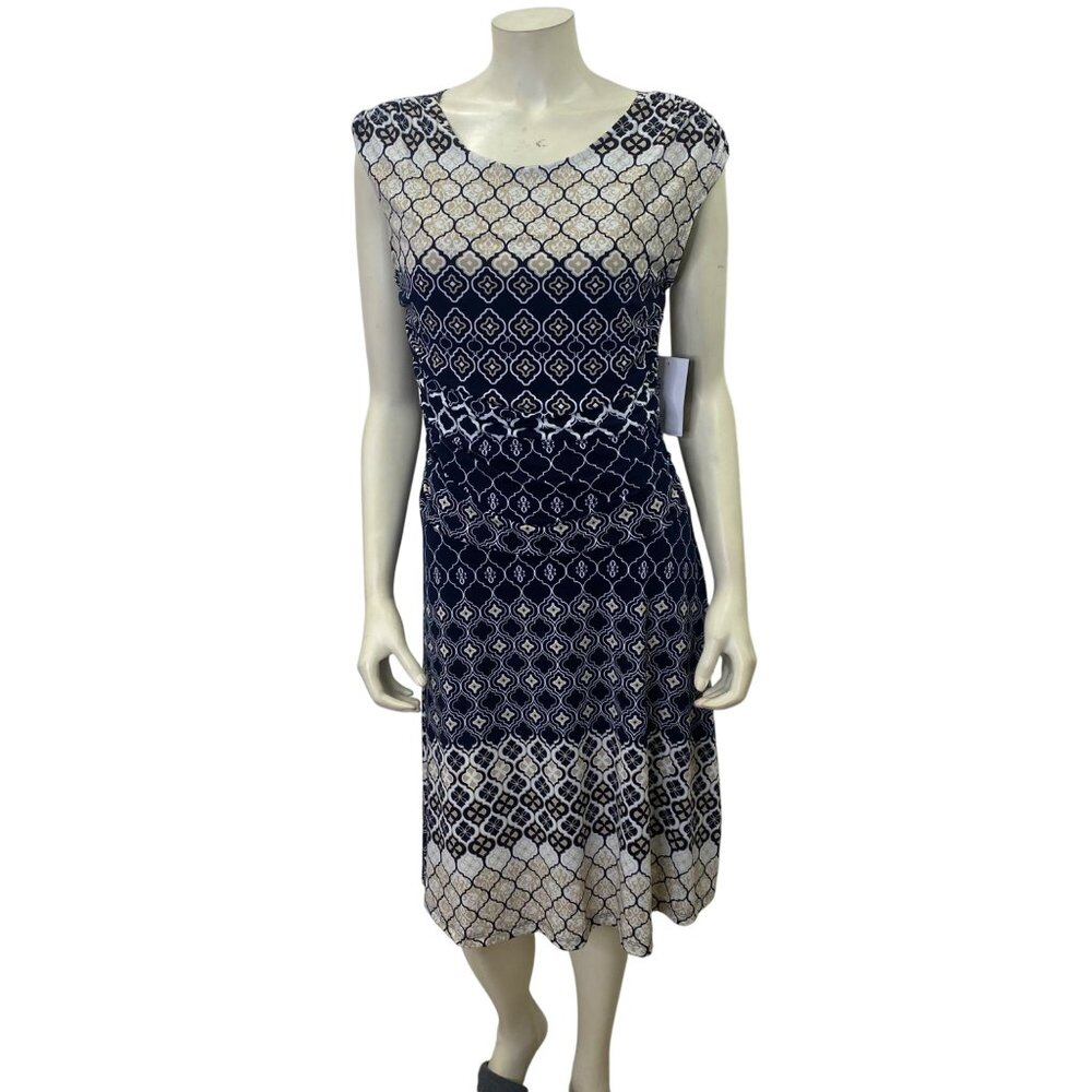 En Focus Studio Womens Navy & Beige Geometric Print Dress Size 14P NWT